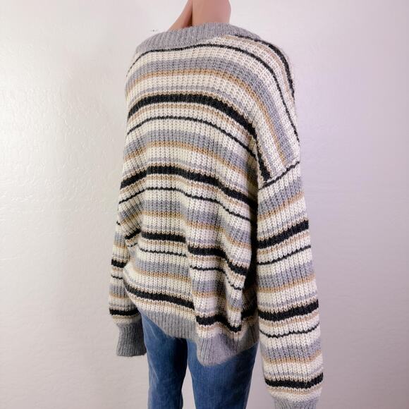 Grandpa Fisherman Striped Chunky Knit Sweater Gray Tan Cream Casual sz XL NWT - Picture 5 of 10